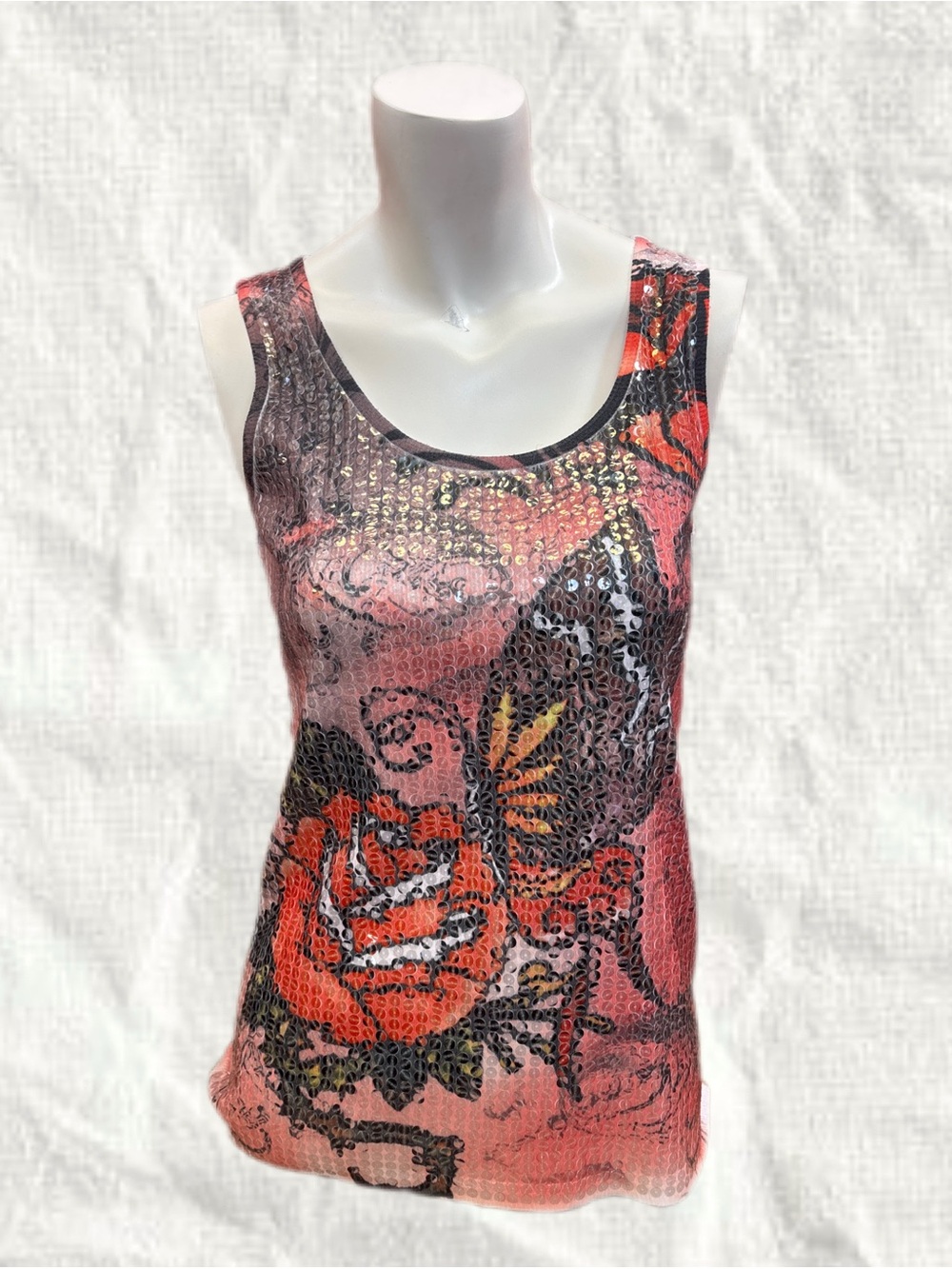 Rose Print Sequin Tank Top Y2K Large